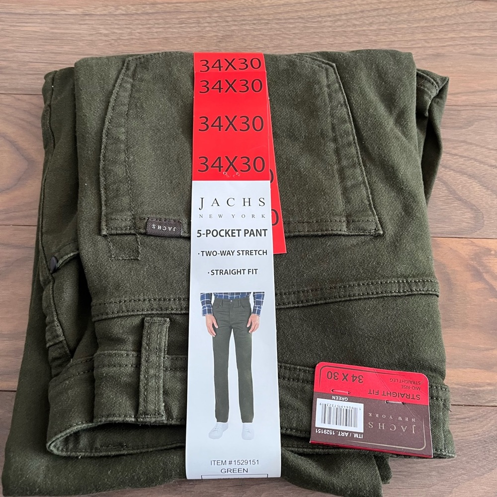NWT 5 pocket, two-way stretch, straight fit, olive green